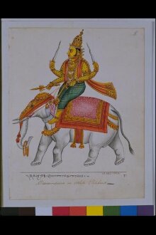 Indra, the god of storms, riding on a white elephant, Airavata. thumbnail 1