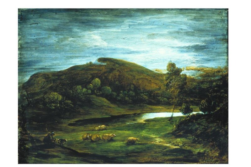Open Landscape with Shepherd, Sheep, Pool and Distant Hills
