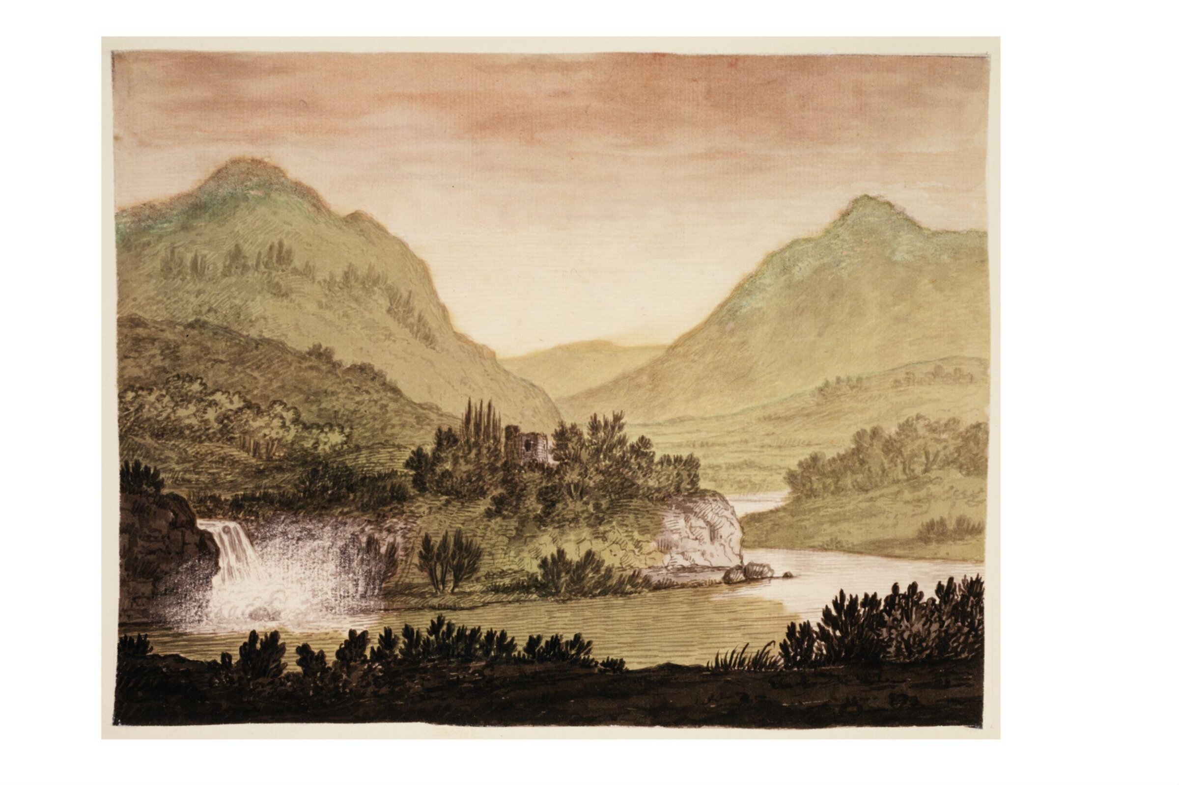 Mountainous Landscape with a Castle and Waterfall, Alexander Cozens, ca. 1740-1786