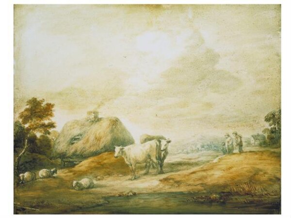 Open Landscape with Peasants, Cows, Sheep, Cottages and Pool ...