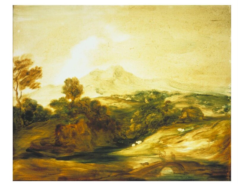 Wooded River Landscape with Figures on a Bridge, Cottage, Sheep and Distant Mountains