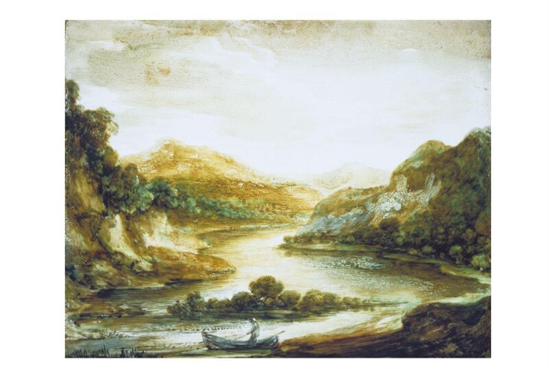 Wooded River Landscape with Fisherman in a Rowing Boat, High Banks and Distant Mountains