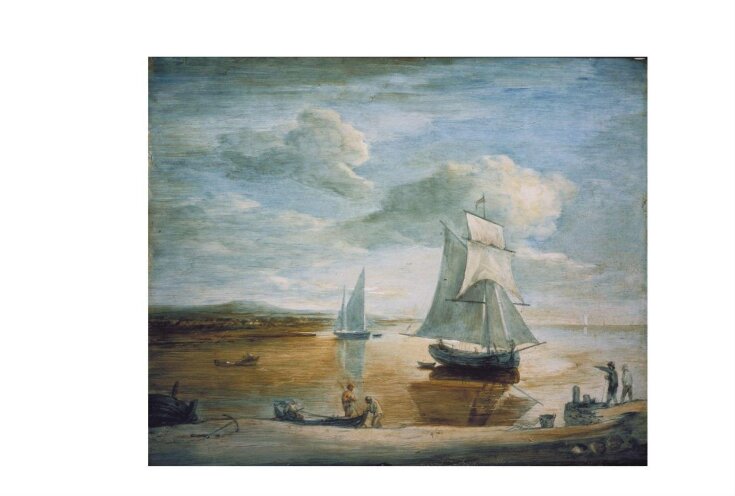 Coastal Scene with Sailing and Rowing Boats and Figures on the Shore top image