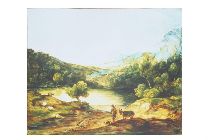 Wooded Upland Landscape with Shepherd, Donkey and Scattered Sheep, Lake and Distant Village and Hills