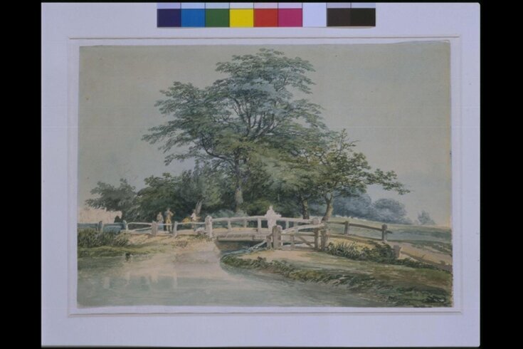 Landscape with trees, figures, bridge and stream top image