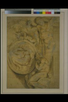 Two Naked Young Men and a Medallion of Leda and the Swan (retouching on copy after Annibale Carracci) thumbnail 1