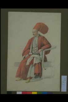 A Bostanci at the Court of the Sultan, seated on a bench, smoking thumbnail 1