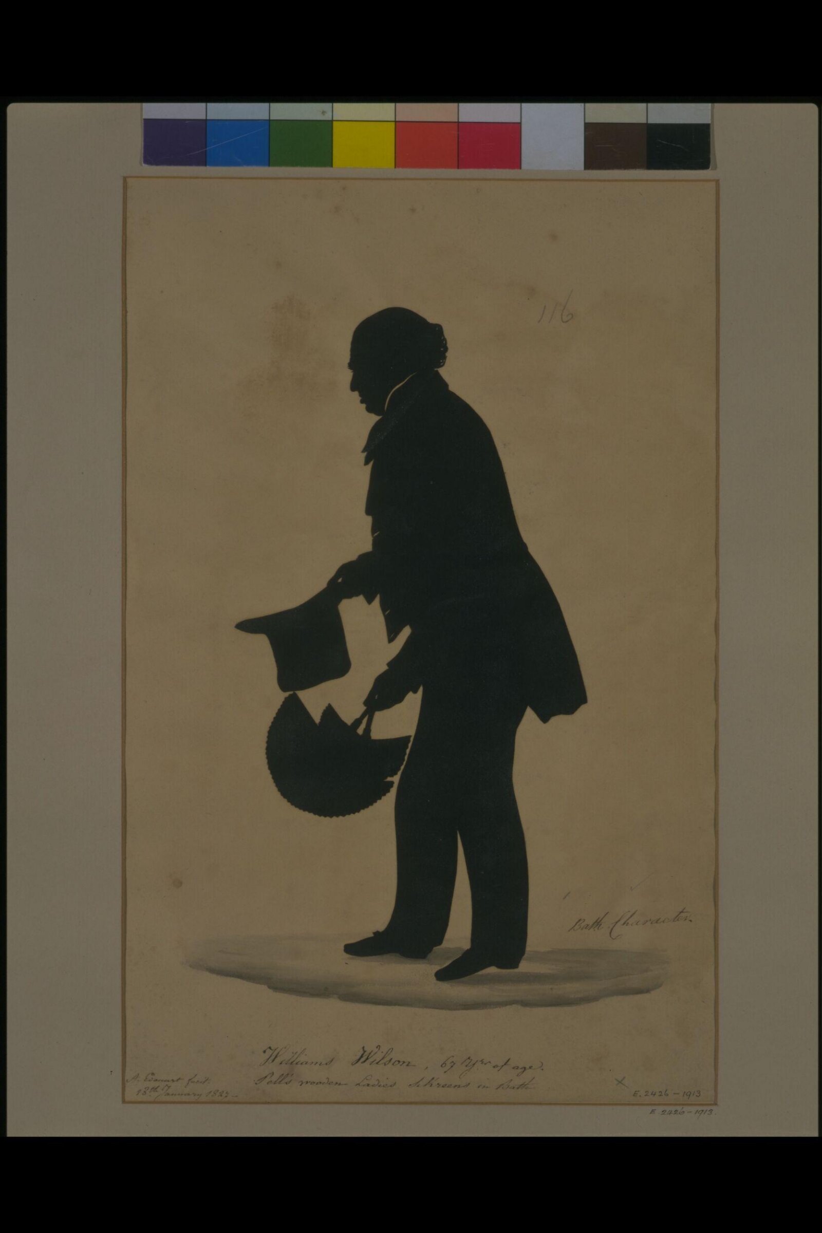 Williams Wilson, 67 yrs of age.  Bath Character.  Sell's wooden Ladies Sckreens in Bath., Augustin Edouart, 18/01/1827
