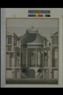 Wardour Castle, Wiltshire.  Section through the centre of the house from north to south showing the entrance hall, circular staircase, upper landing and coffered dome supported on Corinthian columns thumbnail 1