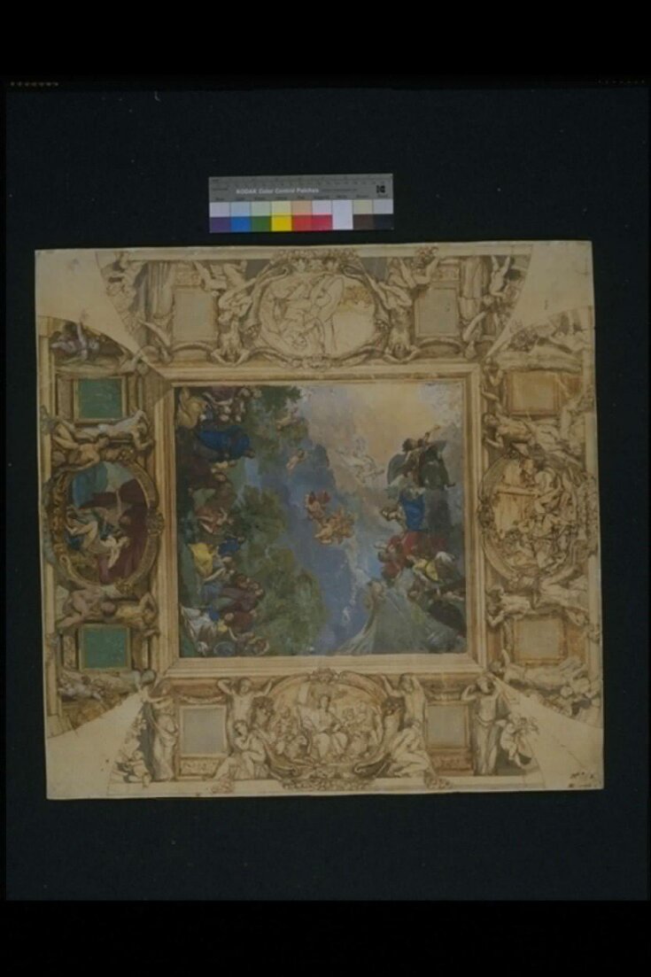 Design for a ceiling painting with Apollo and Athena Rewarding the Talents, Mount Parnassus, and flanking medallions with Mars, Venus, Hercules and Cybele, accompanied by supporting Caryatids, Ignudi and Putti top image
