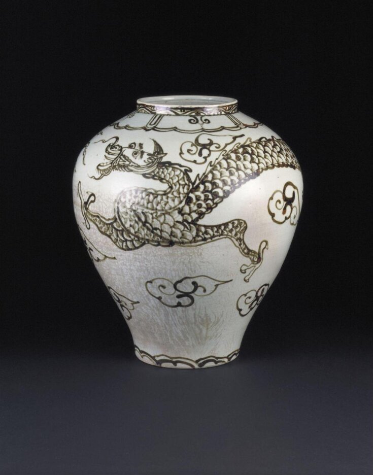 White Porcelain Jar with Cloud and Dragon Design  Painted in Underglaze Iron Brown  top image