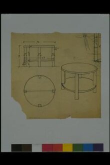 Design for a round table c.1914. Plan, elevation and perspective sketch showing general arrangement of top and lower shelf. Scale 1:10. thumbnail 1