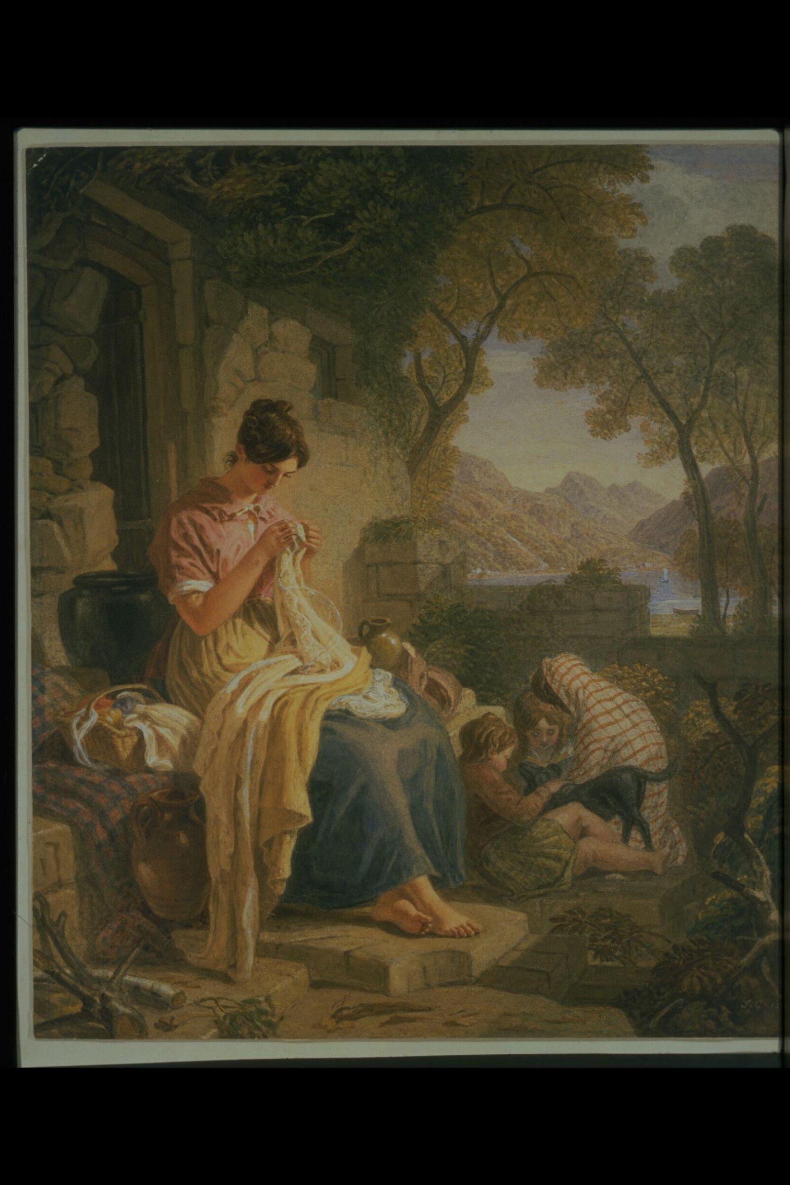 A Scottish peasant girl embroidering muslin at Luss, Loch Lomond, Joshua Cristall, 1846