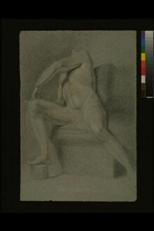 Study of a male nude figure, seated, with his right foot on a round block and his head thrown back. thumbnail 1