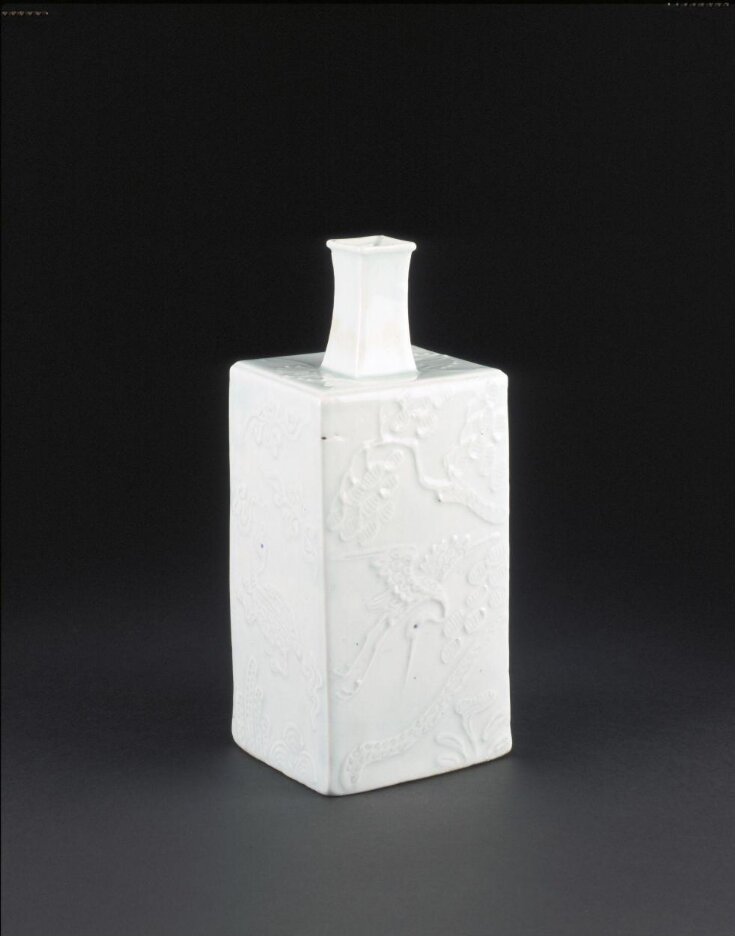 Square-shaped White Porcelain Bottle with Raised Symbols of Longevity top image