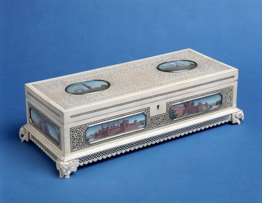An oblong ivory casket.