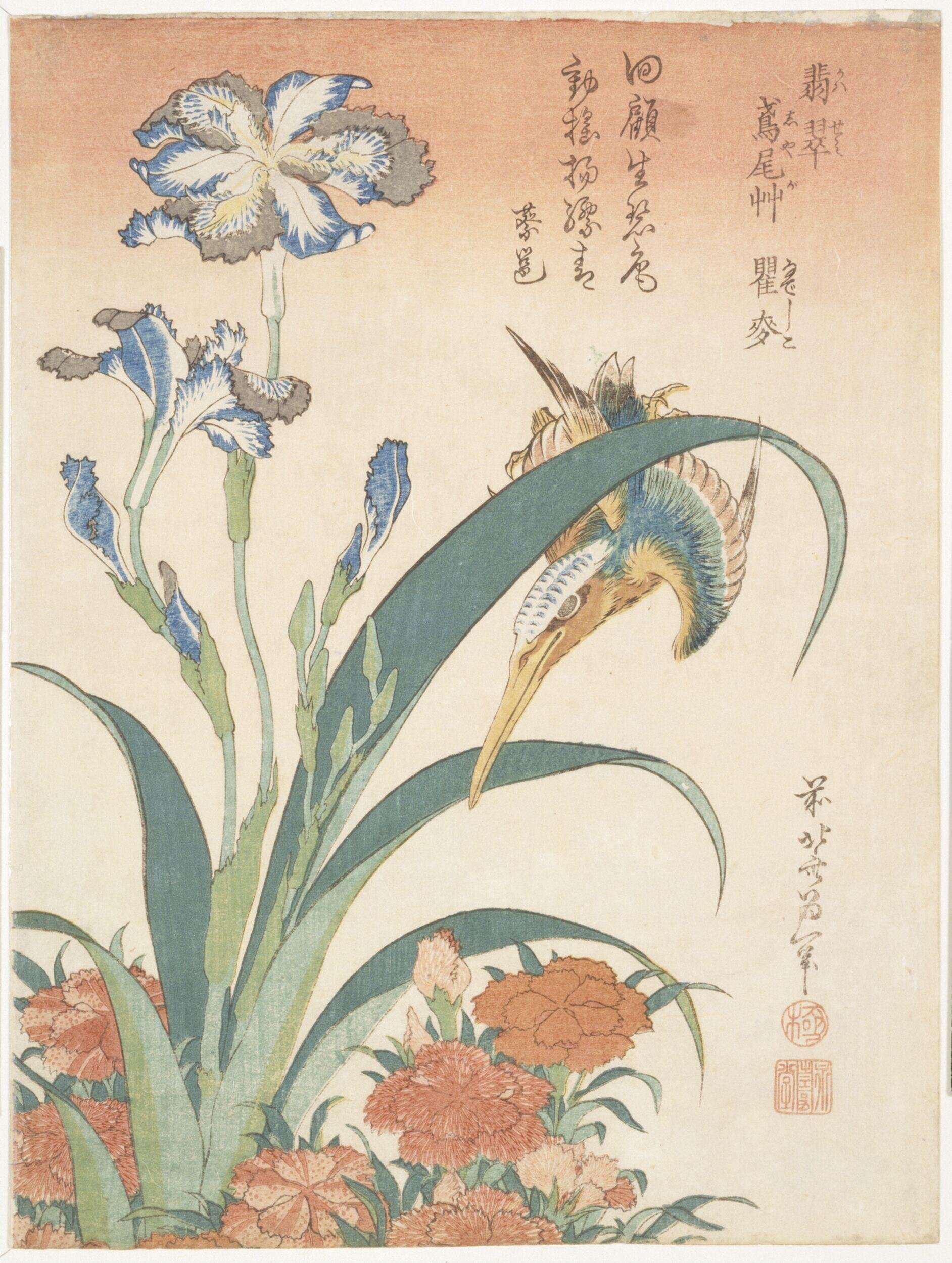 Kingfisher, Irises and Wild Pinks by Katsushika Hokusai — Japanese Print, ca. 1834