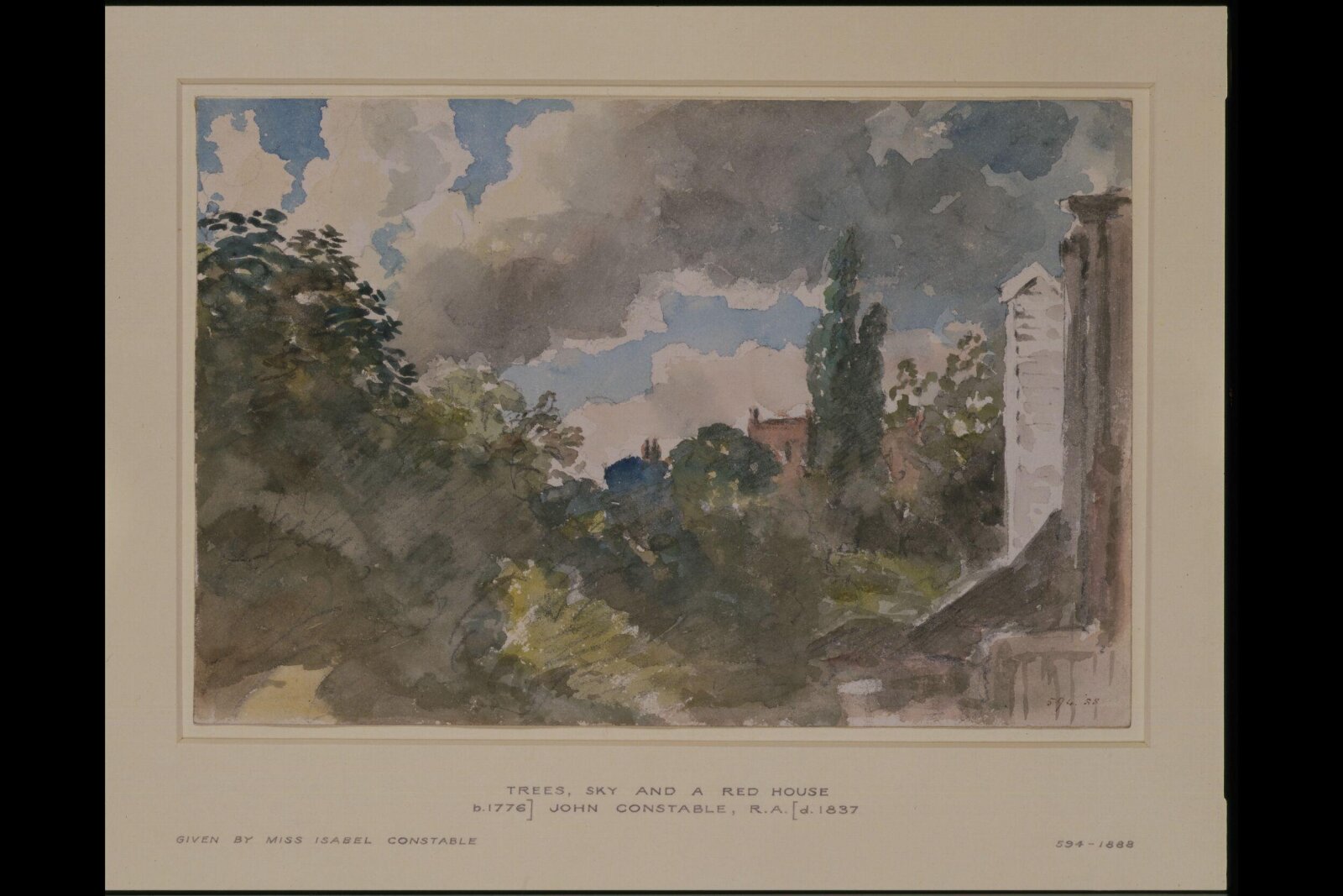 Trees, sky and a red house, John Constable, ca. 1821-1823