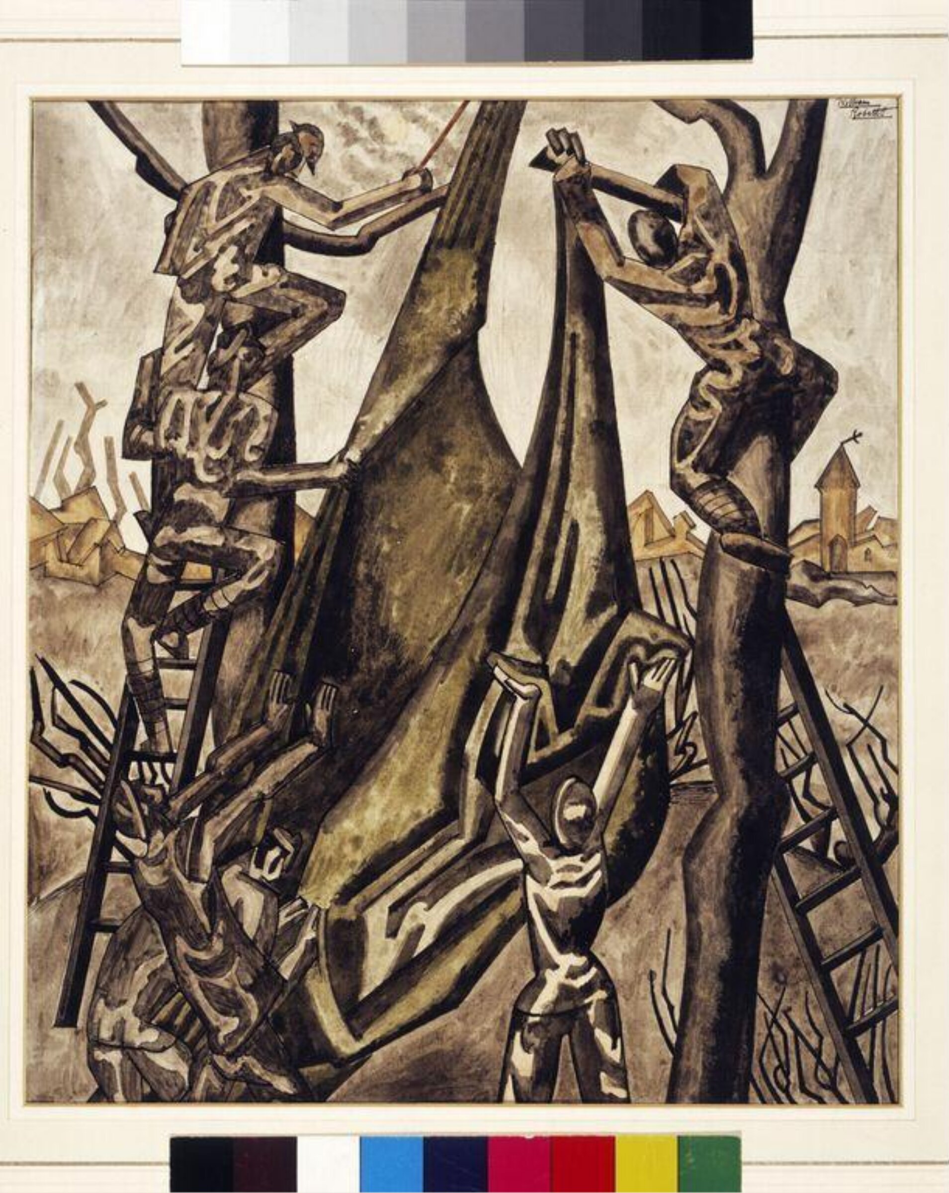 Soldiers erecting camouflage at Roclincourt near Arras, William Roberts, 1918