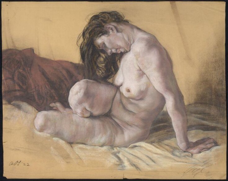 Female nude seated on a bed top image