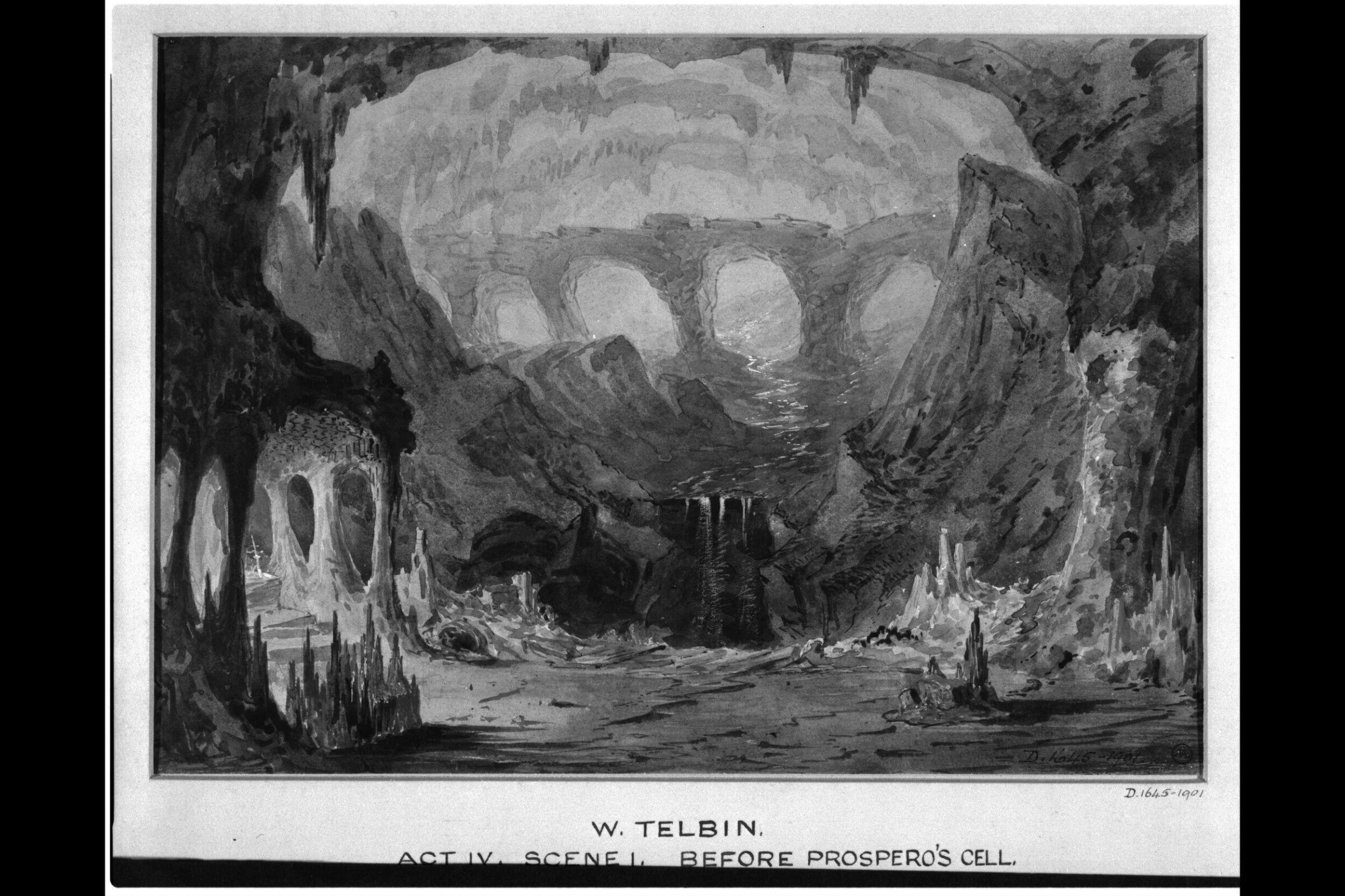 drawing of scenery and props in The Tempest, William Telbin, 1851-1859