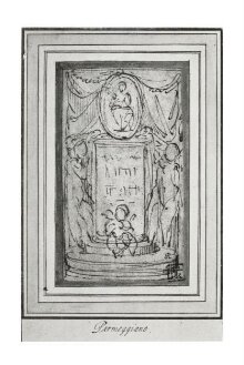 A columnar altar, with a putto standing on each side and another seated on the base; on top a medallion enclosing the figures of a woman and child thumbnail 1