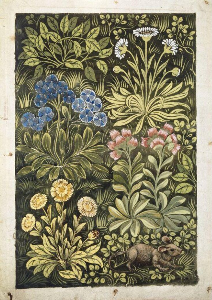 Design for a tile panel with mouse amid flowering plants top image