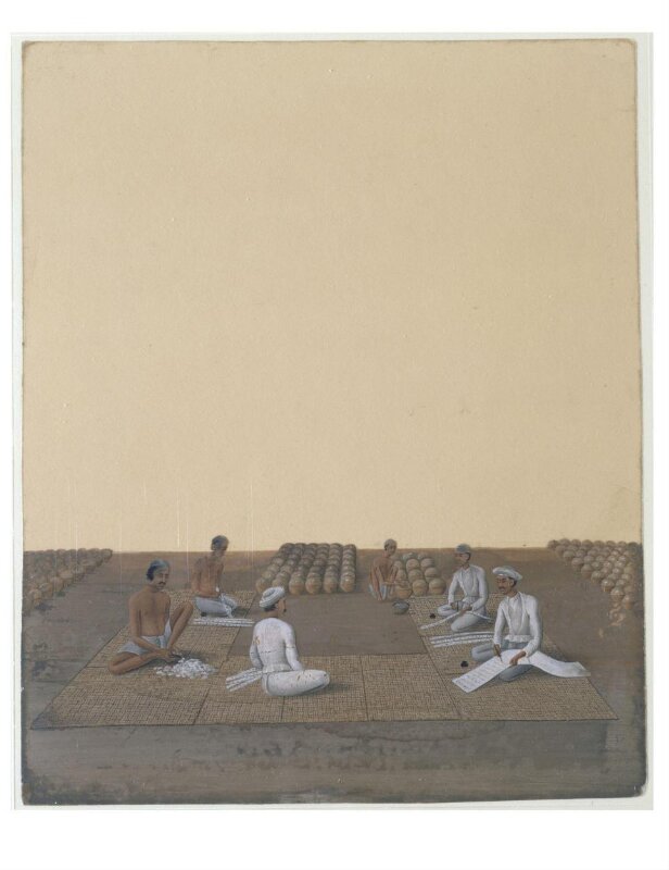 One of nineteen drawings illustrating processes in the manufacture of opium at the Opium Factory at Gulzarbagh, Patna, in Bihar.