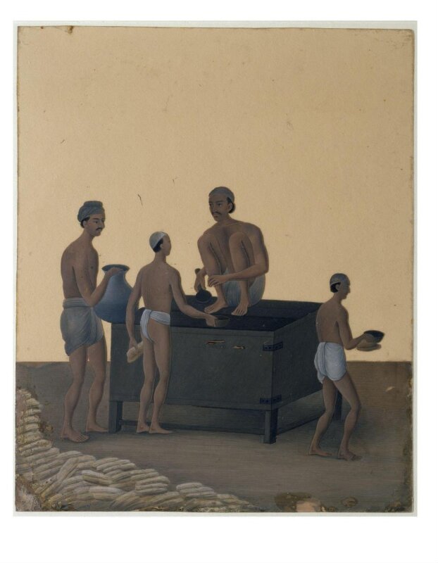 One of nineteen drawings illustrating processes in the manufacture of opium at the Opium Factory at Gulzarbagh, Patna, in Bihar.