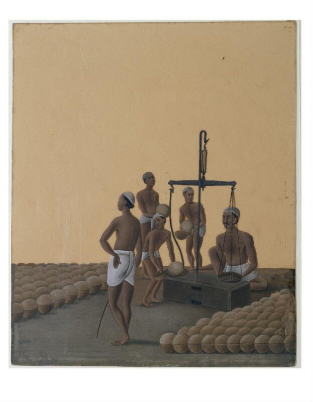 One of nineteen drawings illustrating processes in the manufacture of opium at the Opium Factory at Gulzarbagh, Patna, in Bihar.