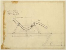 Design for a long folding chair in wood. c.1935-39. Side elevation and detail of legs, scale 1:10. thumbnail 1