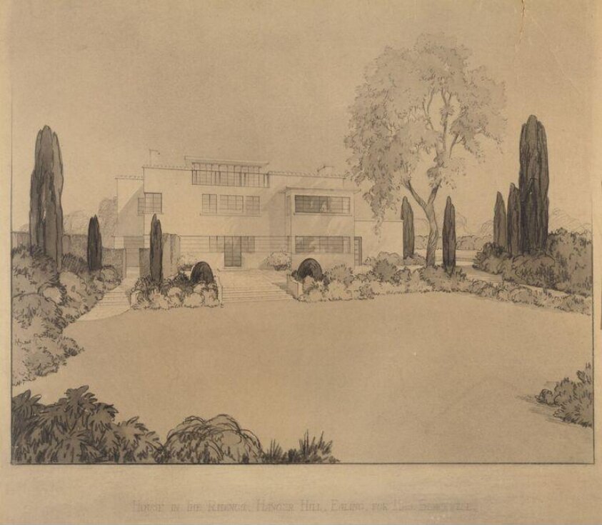 Perspective sketch of an International Modern style house, Ealing