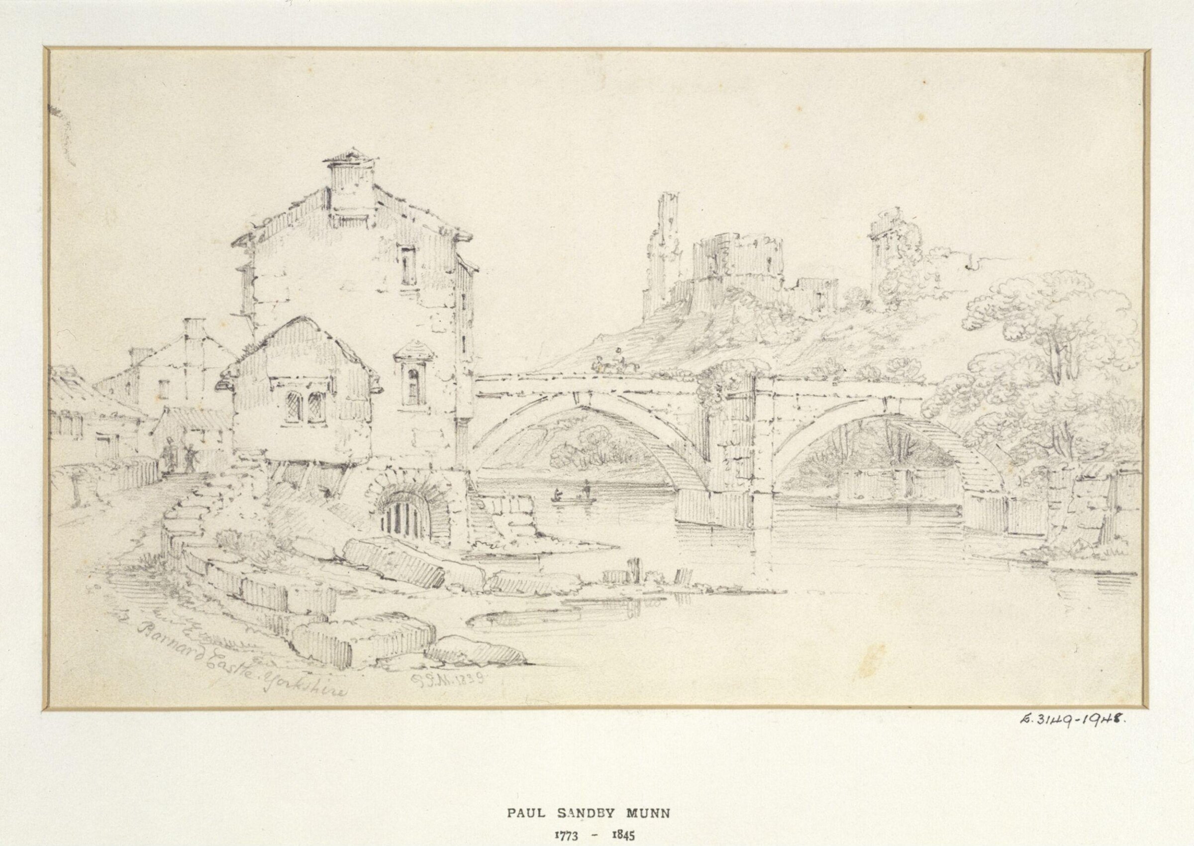 View of Barnard Castle, showing the bridge, and the castle in the background, Paul Sandby Munn, 1839