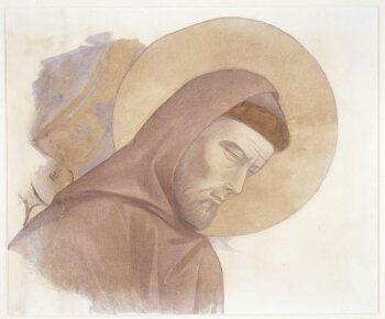 Copy of a detail of the painting The Death of St  Francis, head of St Francis, by the Master of the St  Francis cycle in the Upper Church, San Francesco,  Assisi