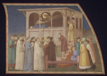 Copy after the painting Posthumous Miracle of St  Francis by a follower of Giotto in the Lower Church,  San Francesco, Assisi