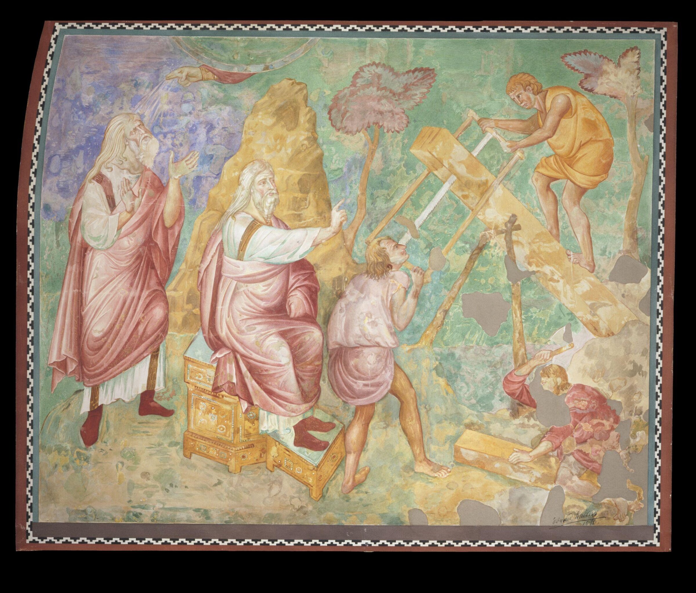 Copy after the painting The Building of the Ark  attributed to Jacobo Torriti in Upper Church, San  Francesco, Assisi., Edward Kaiser, 1876
