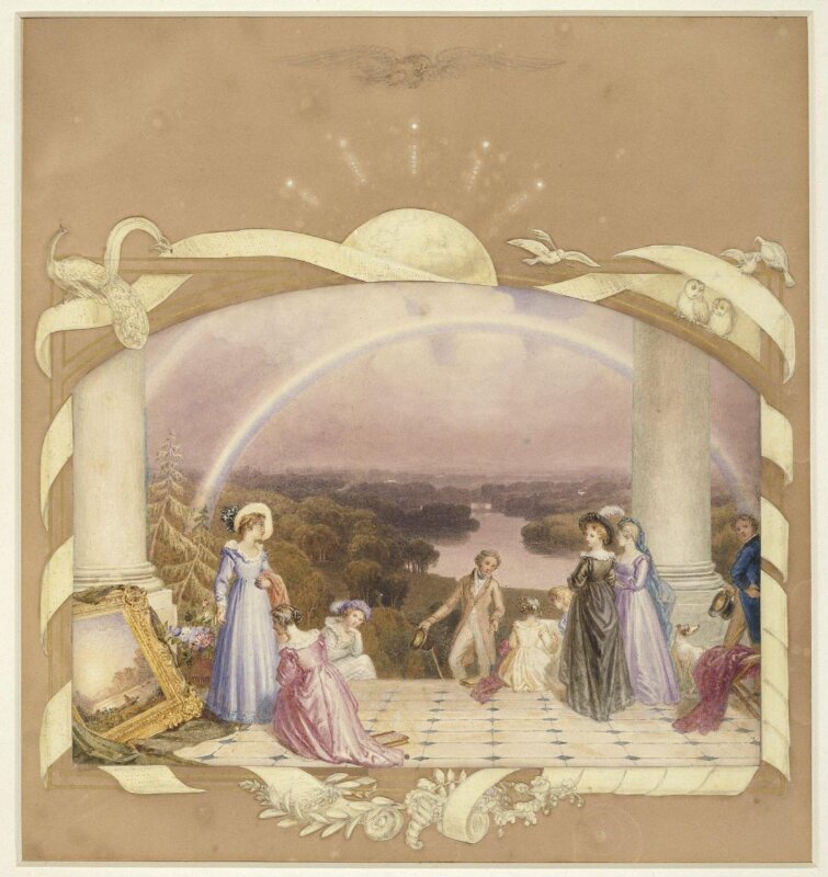 Figures admiring a painting on the terrace at Richmond