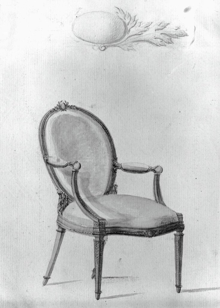 Design for an oval-back chair with red upholstery from; A Miscellaneous Collection of Original Designs, made, and for the most part executed, during an extensive Practice of many years in the first line of his Profession, by John Linnell, Upholserer Carver & Cabinet Maker. Selected from his Portfolios at his Decease, by C. H. Tatham Architect. AD 1800. top image