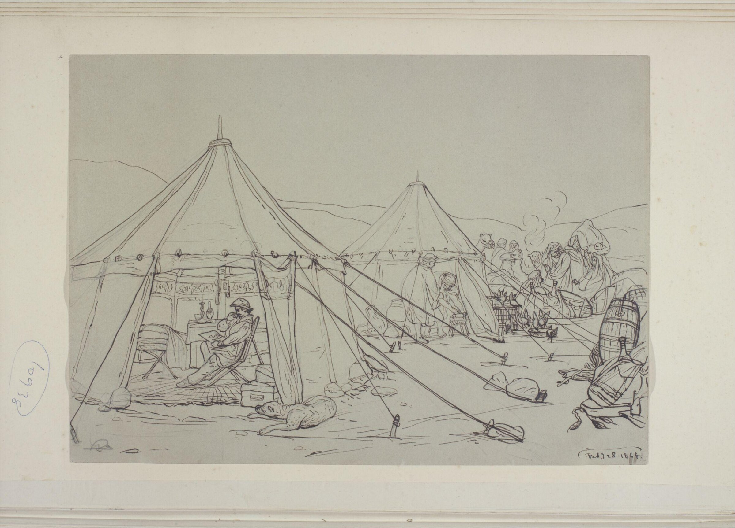 A Bedouin Encampment in the Desert, with the artist sitting in his tent looking at a sketch, Elijah Walton, 1864