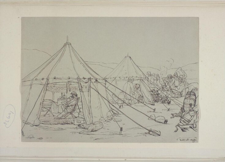 A Bedouin Encampment in the Desert, with the artist sitting in his tent looking at a sketch top image