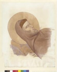 Copy of a detail of the painting The Death of St  Francis, head of St Francis, by the Master of the St  Francis cycle in the Upper Church, San Francesco,  Assisi thumbnail 1
