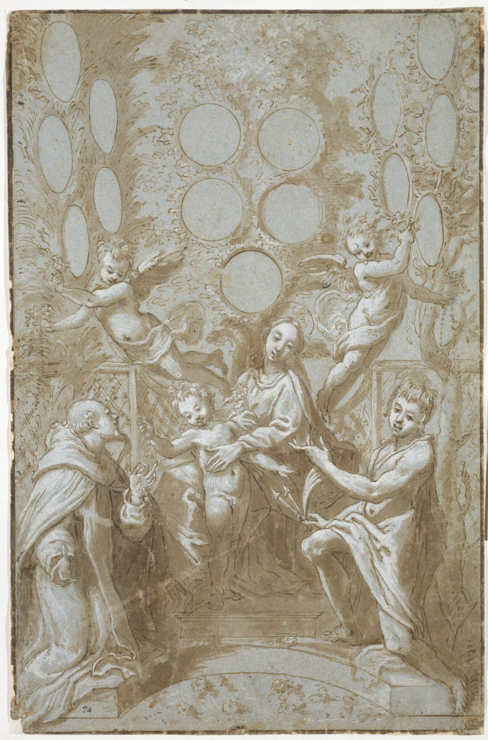 The Virgin and Child with two angels giving rosaries to St Dominic and St Sebastian, Gregorio Pagani, ca. 1578-1605