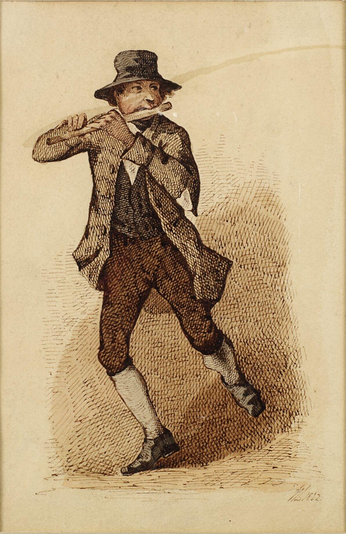 An Irish flute player dancing a jig by Low, William