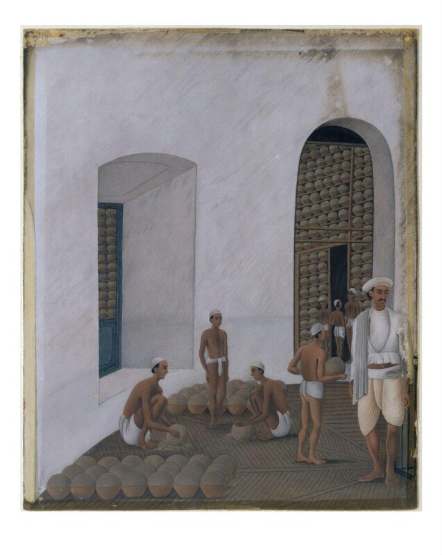 One of nineteen drawings illustrating processes in the manufacture of opium at the Opium Factory at Calabash, Pat na, in Briar.