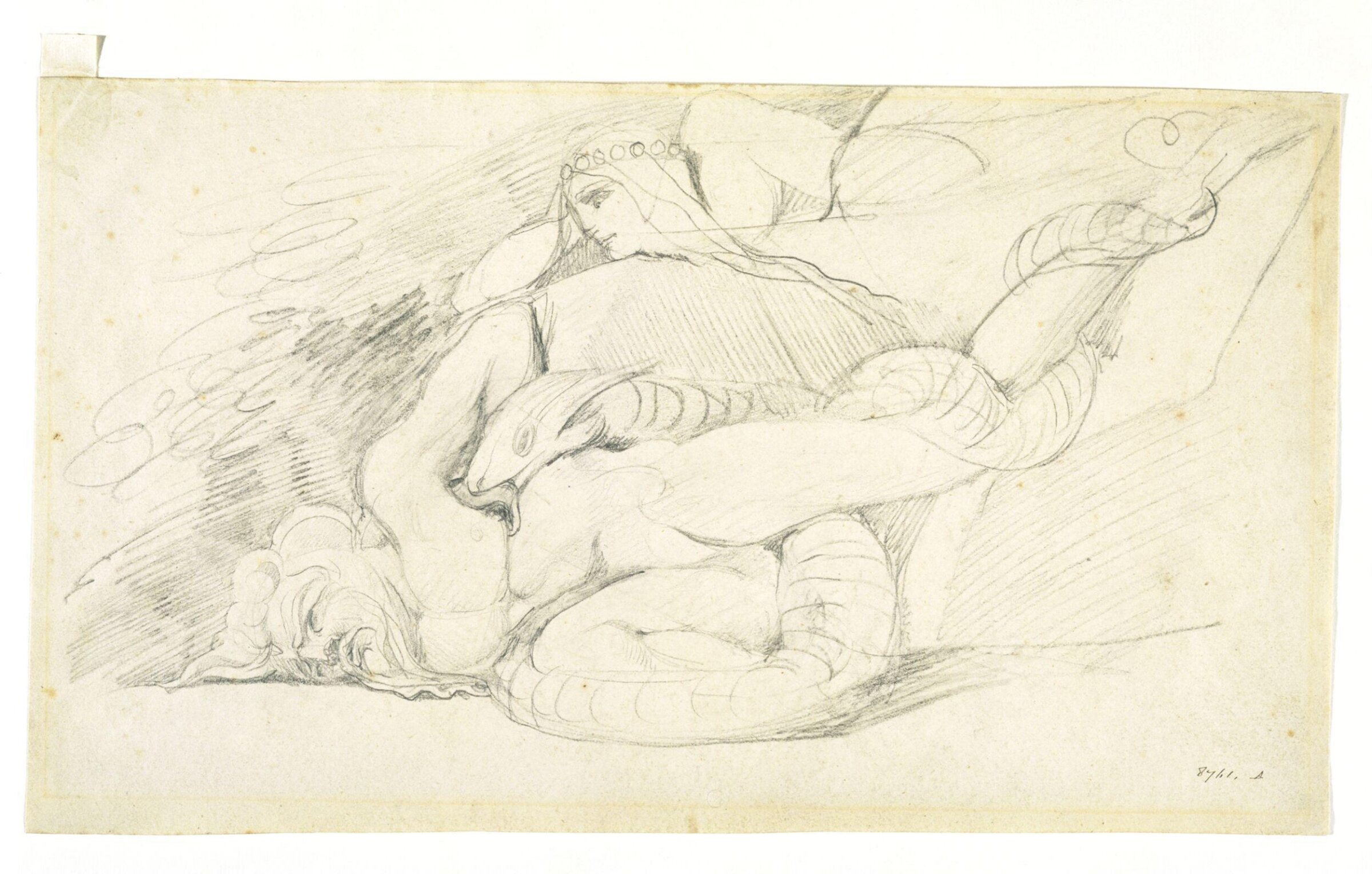 A woman gazing at the prostate body of a man, around which a serpent is coiled, Уильям Блейк, конец XVIII — начало XIX века