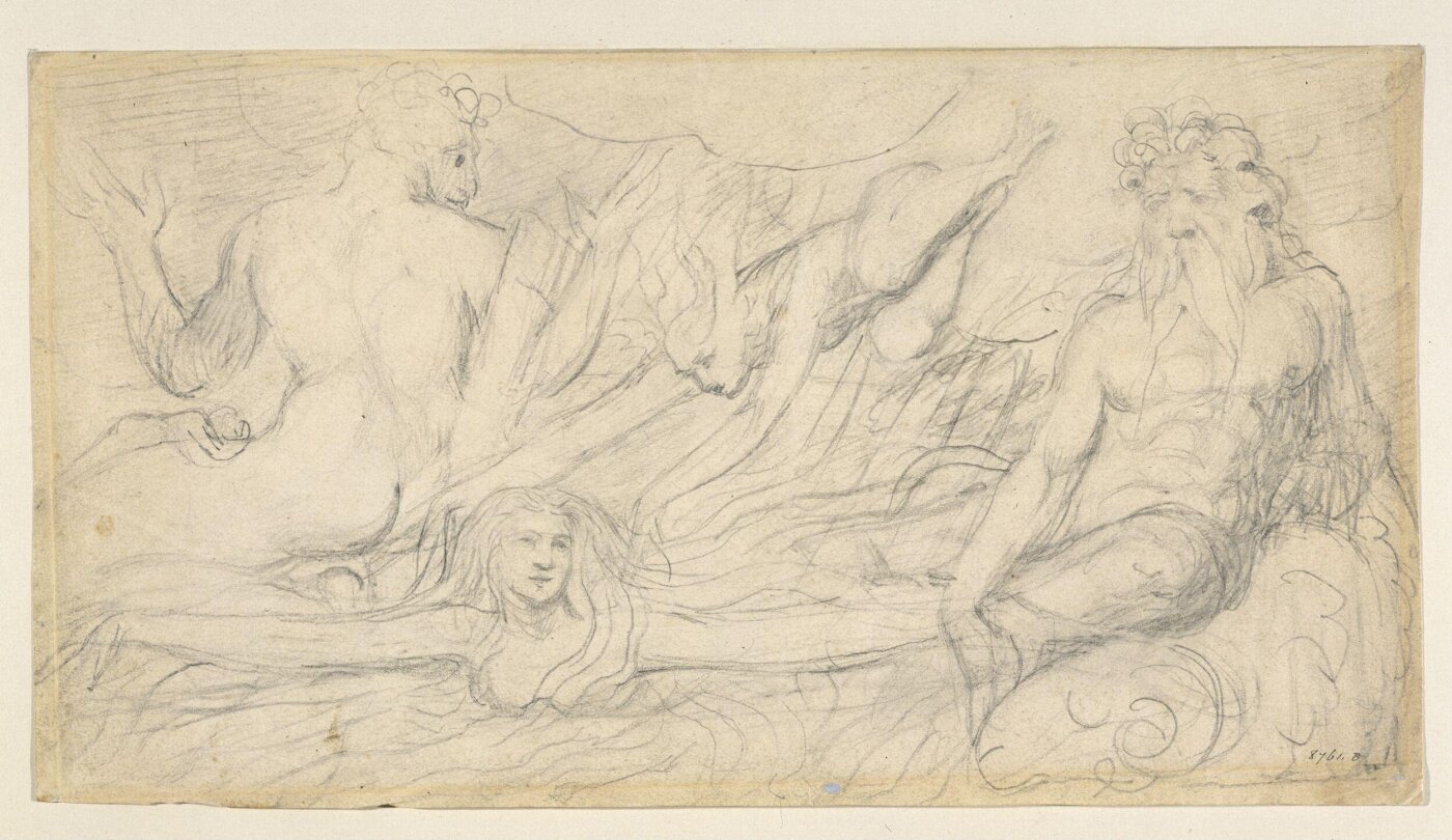 William Blake, A female figure swimming in a stream