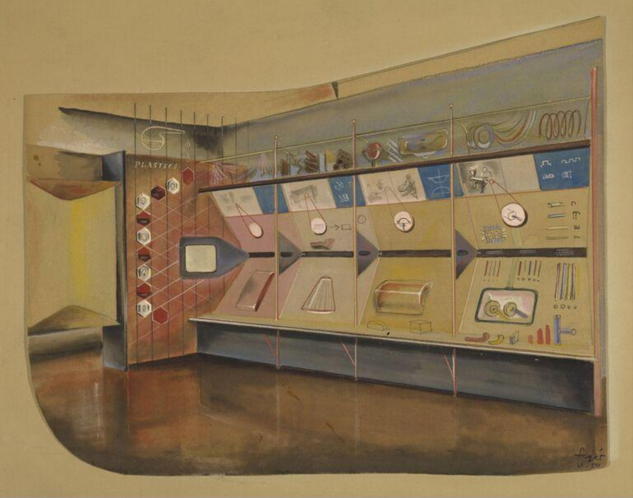 Presentation drawing showing a perspective view of a display area in the Plastics section of the Festival of Britain 1951., George Fejer, 1950