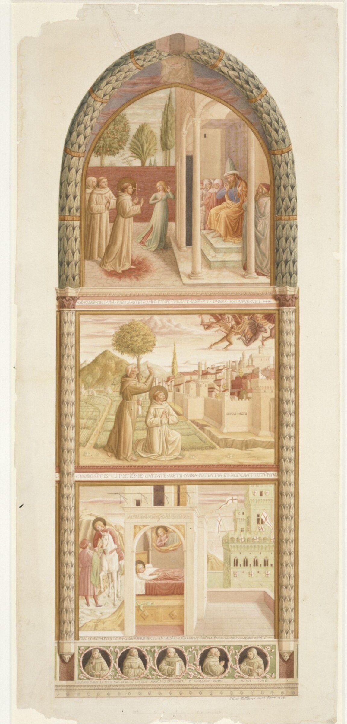 Copy after the cycle of the <i>Life of St Francis</i> (north wall section), Benozzo Gozzoli in San Francesco, apsidal chapel, Montefalco, Benozzo Gozzoli, 1872