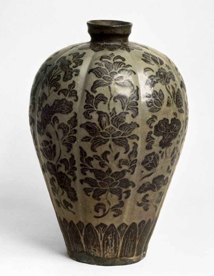 Melon-shaped Celadon Prunus Vase (Maebyeong) with Peony and Lotus Design Painted in Underglaze Iron Brown top image