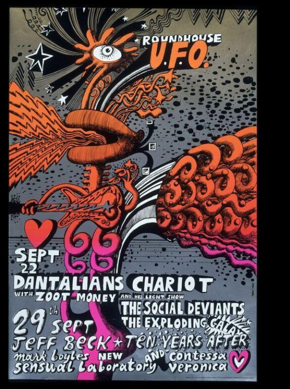 Psychedelic poster for two shows at the Roundhouse UFO, 1967, England